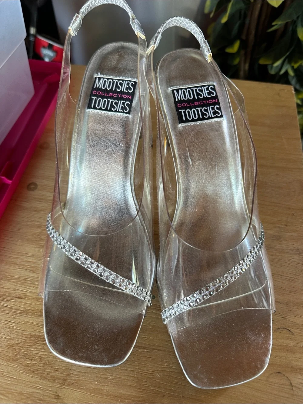 Mootsies Tootsies Clear Slingback Heels with Rhinestone Band
